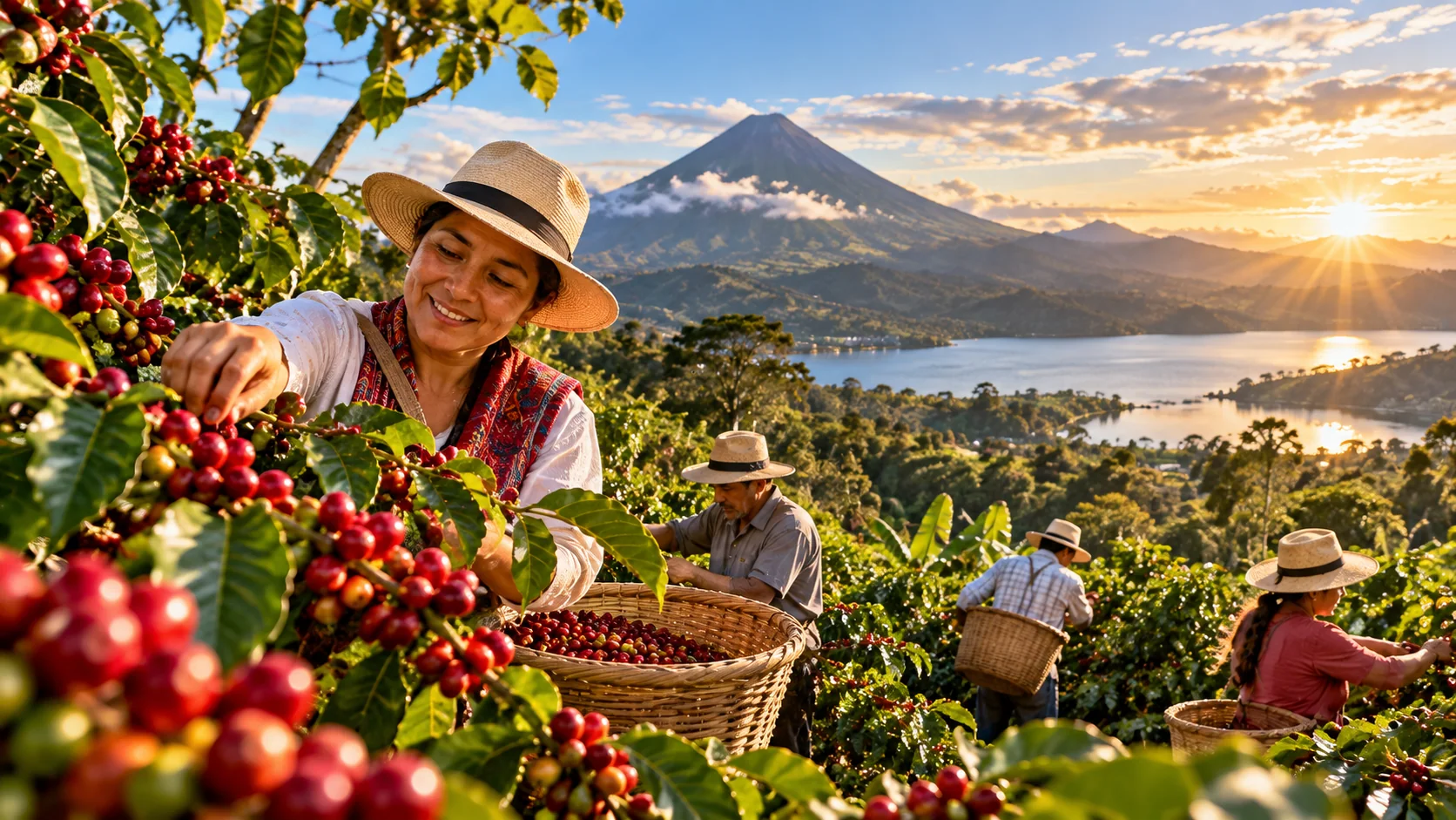 Coffee growers harvesting ripe cherries above a lake and volcano at sunrise