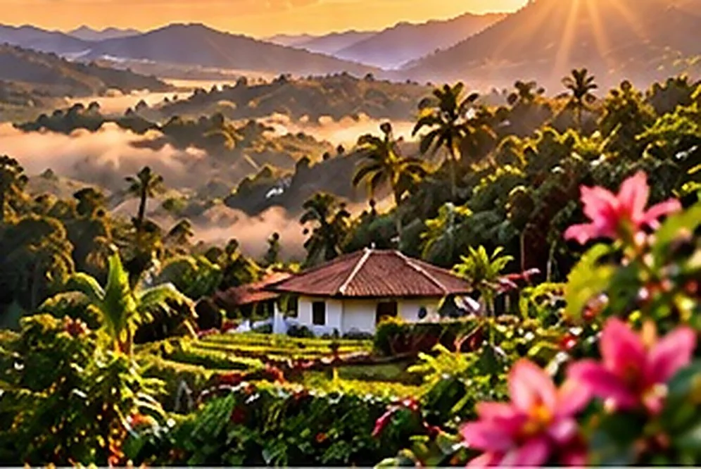 Misty coffee valley with a farmhouse and flowers