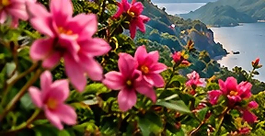 Pink flowers above a mountain lake