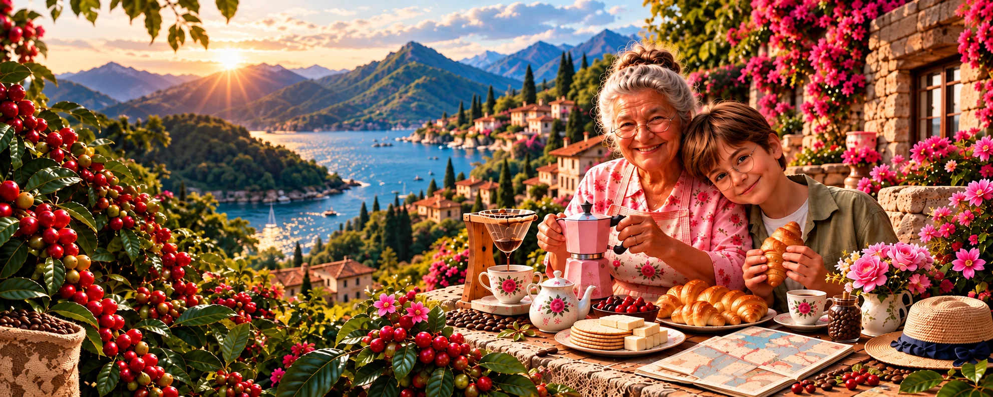 A grandmother and grandson sharing coffee and pastries on a flowered terrace