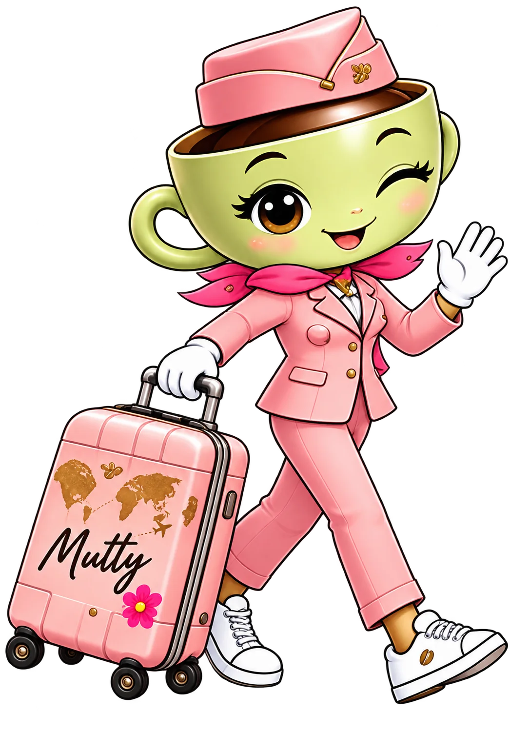 Mutty, the Ckoffeetravel mascot, as a flight attendant