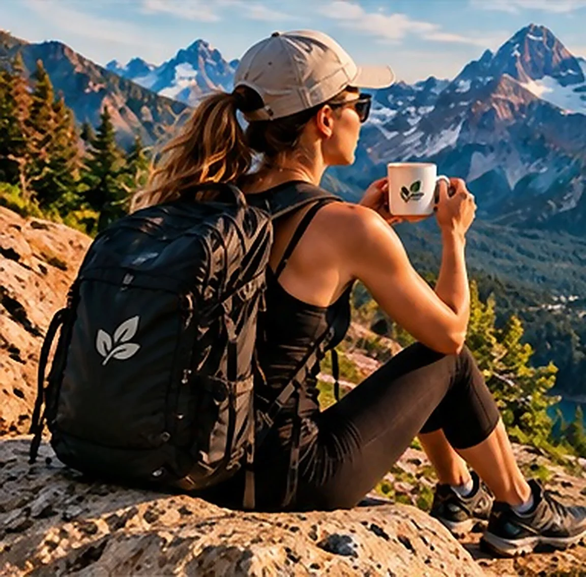 Hiker enjoying a coffee above a mountain lake