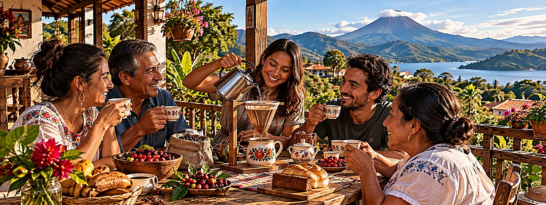 Family sharing coffee on a farm terrace above a lake and volcano